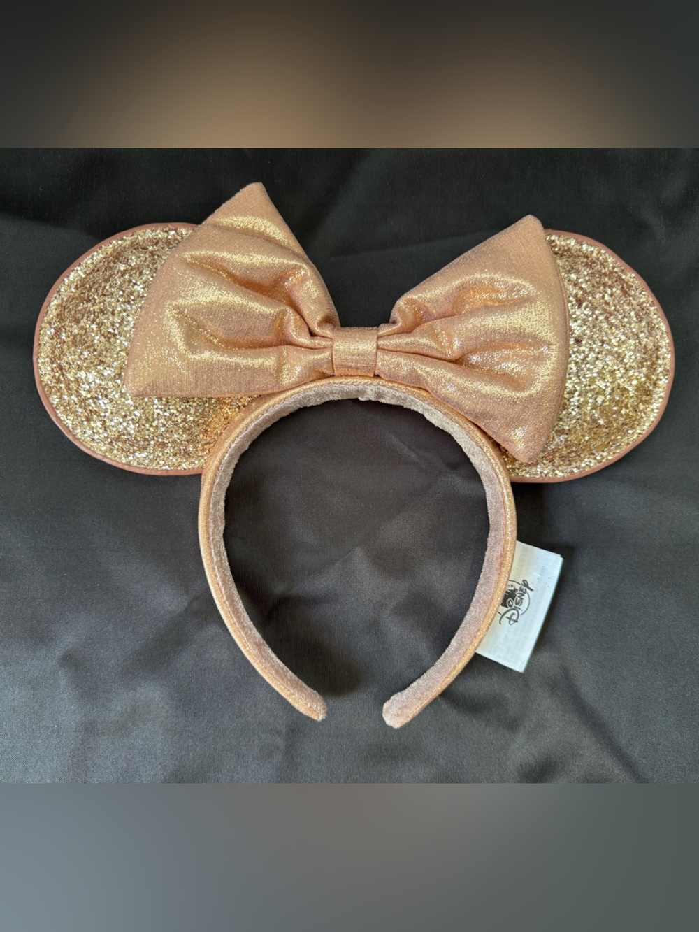 Disney Rose Gold Glitter Minnie Ears Headband with Shimmery Bow